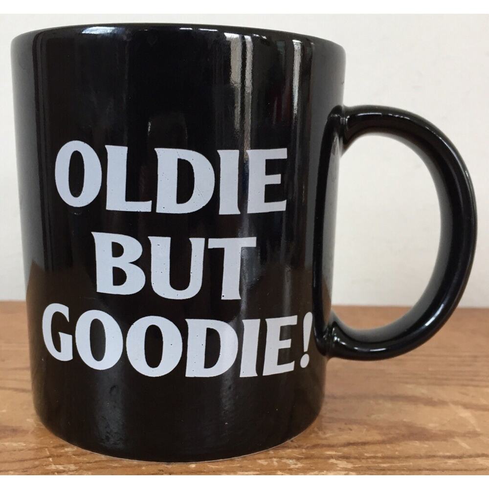 Vintage 80s 1986 Trisar Japan Oldie But Goodie Funny Black White Coffee Tea Mug